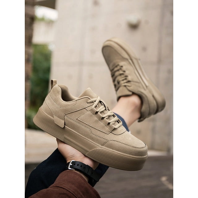 Men's Solid Color Grey Lace-up Front Sports Skate Shoes, Minimalist Style Round Toe Thick Bottom Height Increasing Athletic Shoes