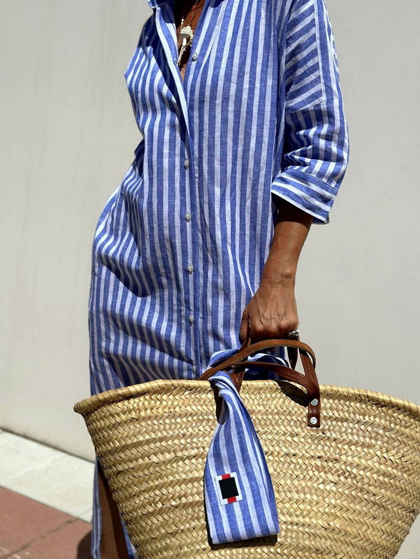 Women'S Shirt Dress Casual Lapel 3/4 Sleeve Button-Down Collar Slit Tie Resort Maxi Dress Blue M