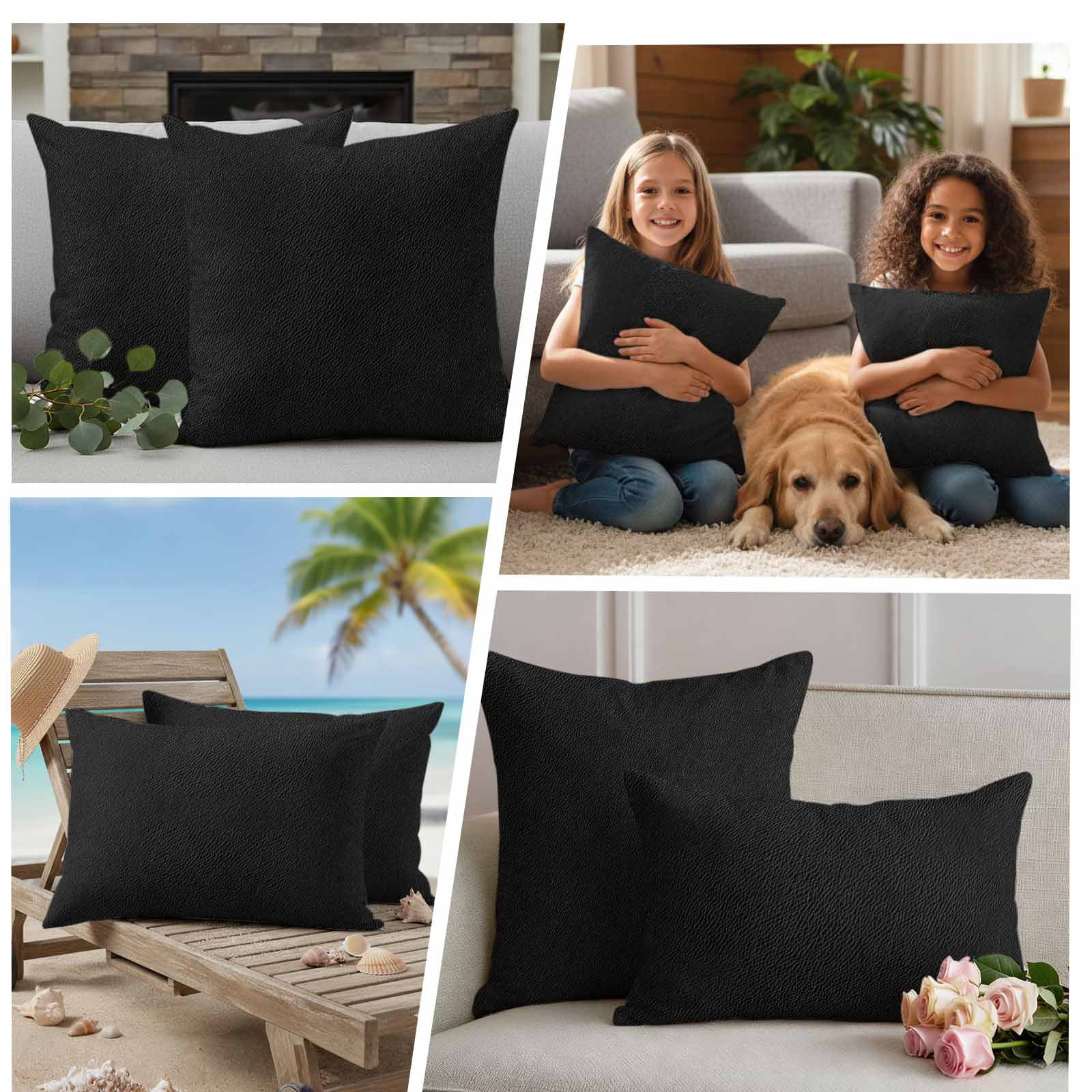 Solid Black Outdoor Waterproof Pillow Covers, Retro Minimalism Abstract Denim Texture Decorative Square Throw Pillowcase Sofa Cushion Sham for Patio/Couch/Chair, 18"x18" 2 Pack