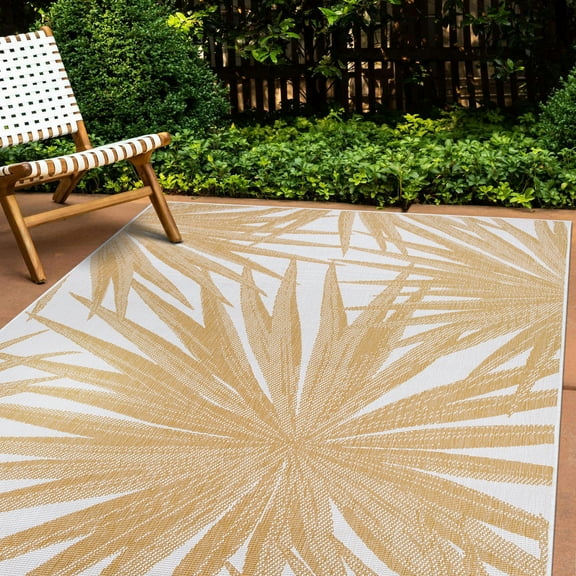 World Rug Gallery Tropical Leaves Nature Inspired Reversible Indoor/Outdoor Area Rug - Yellow 5'x7'
