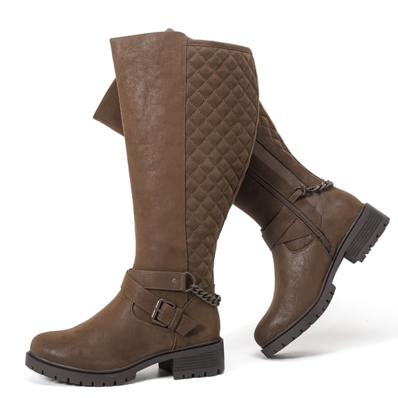 Love Steetly Women's Extra Wide Calf Knee High Boots, Quilted Tall Boots with Buckle Chain, Block Heel Side Zipper Non-Slip Winter Boots.