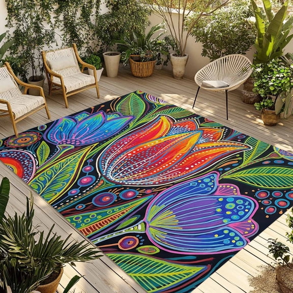 Abstract Tulip Flowers Outdoor Rug for Patio/Deck/Porch, Non-Slip Large Area Rug 4 x 6 Ft, Spring Colorful Floral Leaf Plant Indoor Outdoor Rugs Washable Area Rugs, Camping Rug Carpet Runner