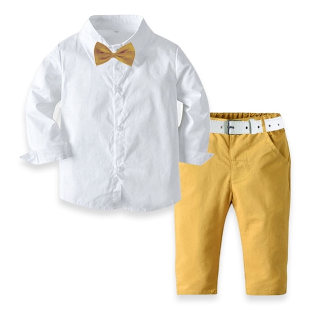 Jumpingount Conjunto de pantalones y camisa de manga larga con botones para niños de primavera y otoño, cinturón con pajarita para banquete, conjuntos de ropa 80cm