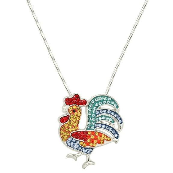 Rooster Pendant Necklace Rhinestone Crystal Rhodium Plated 17 Inch Snake Chain J0980