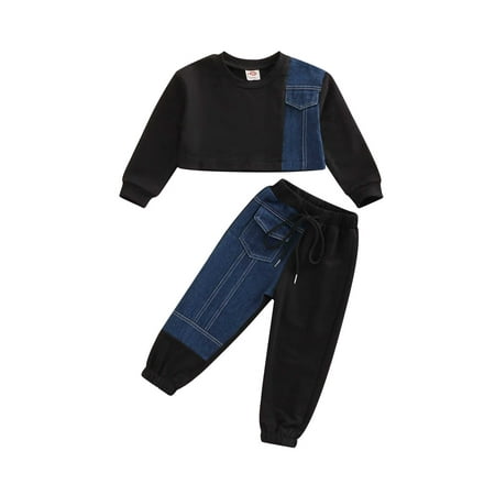 

Bagilaanoe 2PCS Toddler Baby Boys Girls Long Pants Set Long Sleeve Sweatshirt Tops and Trousers 1T 2T 3T 4T 5T 6T Kids Fall Denim Patchwork Outfits