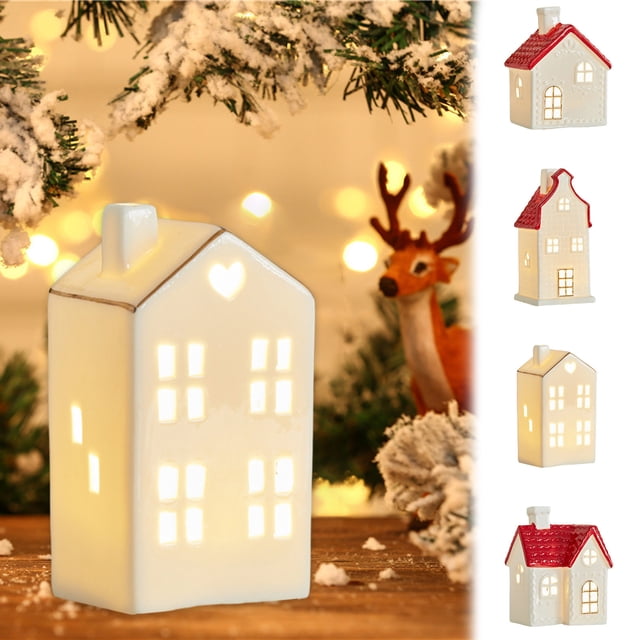 Adorno Navideño Luminoso de Cerámica: Ciervo, Muñeco de Nieve y Anciano (2025) | Cerámica Blanca | 16 X 12 Cm | 0,53 Kg | Luz Nocturna y Decoración para Fiestas