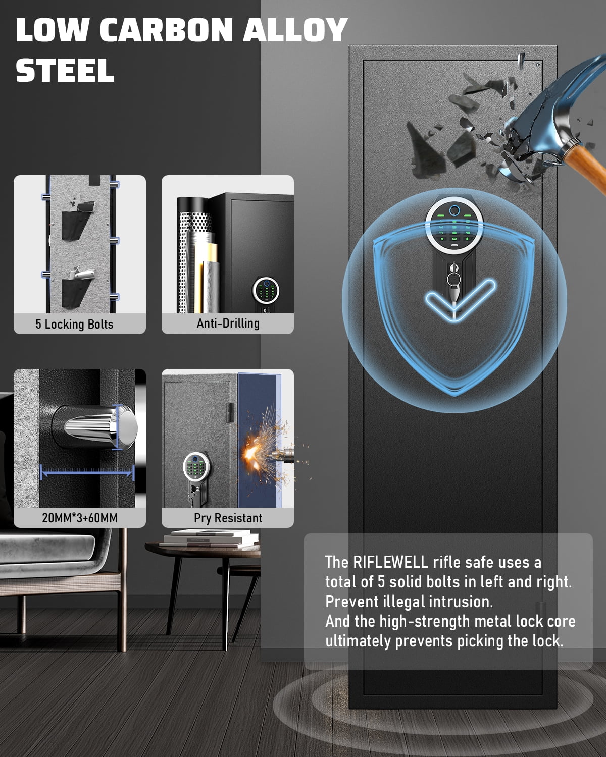 Riflewell 4-5 biometric gun safe, a long gun cabinet for household shotguns, pistols, and shotguns, equipped with detachable partitions, fire and smash resistant, dual alarm and silent modes