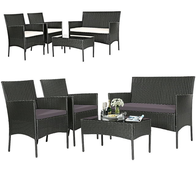 Gymax 4PCS Outdoor Furniture Set Patio Rattan Conversation Set w/ Grey & Off White Cushion