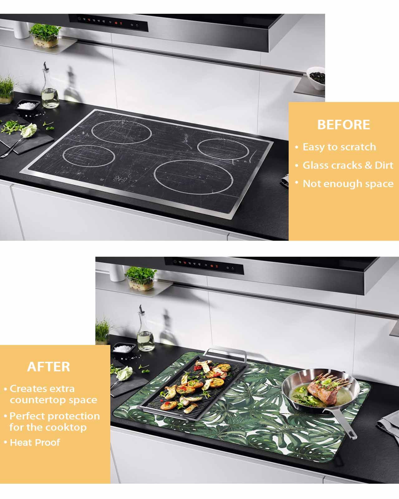 nqOlkjepod Large Induction Cooktop Protector Mat 24"x21", Green Palm Leaves Stove Top Covers for Electric Stove, Summer Tropical Leaf Vintage Stove Burner Cover Mats, Glass Top Stove Cover