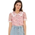 thumbnail image 1 of INSPIRE CHIC Blusa de manga corta floral bordada con encaje y cuello Peter Pan para mujer Rosa L, 1 of 6