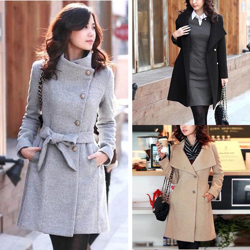 Winter Pea Coat Felt Long Jacket for Women Single Breasted Stand Collar S-L with Pockets Tie Waist Long Sleeve Long Overcoats Solid Color  S Gray - image 5 of 6