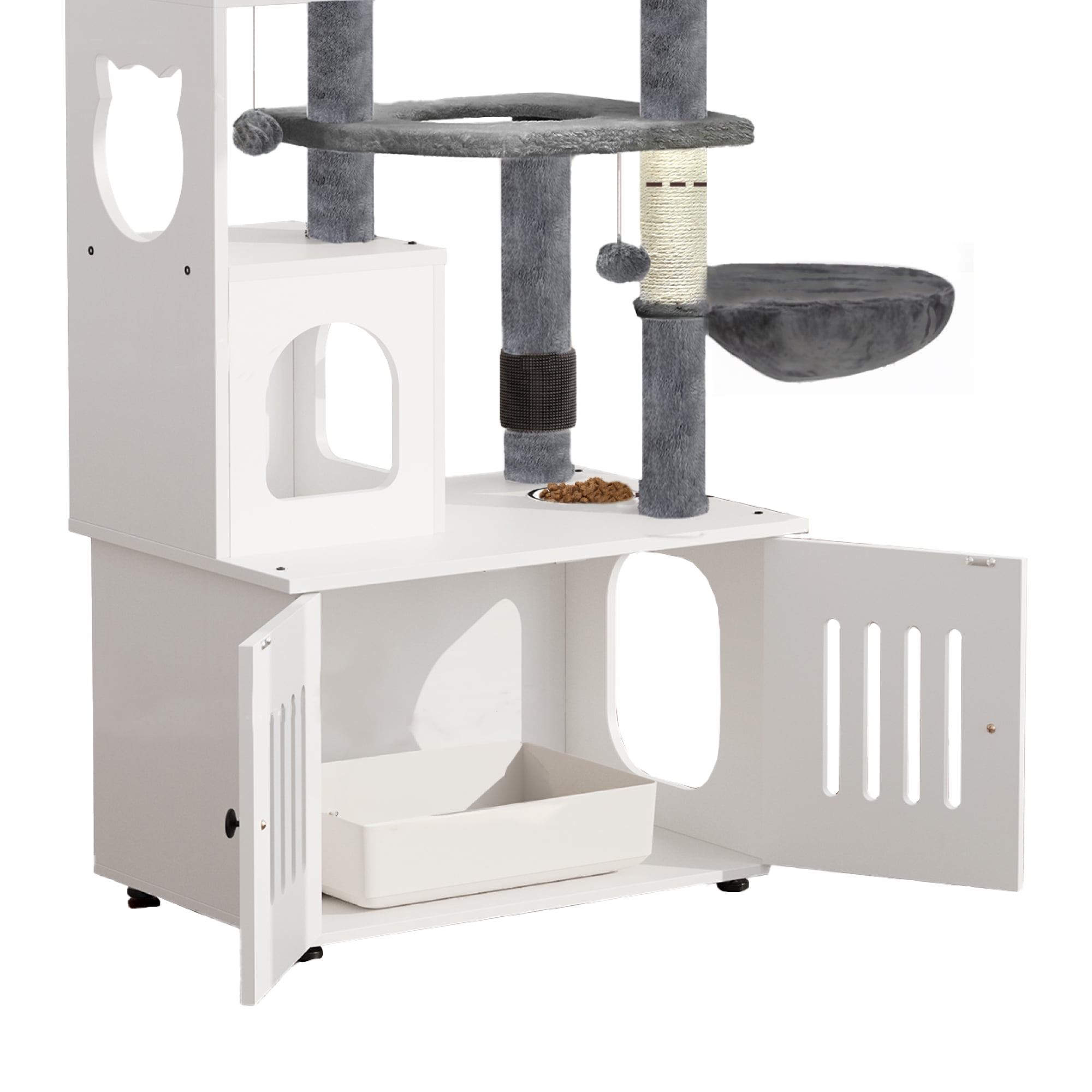 ModFusion Multi-Level Cat Tree Tower, Scratching Posts, Feeding Station, Enclosed Cat Toilet, White & Gray