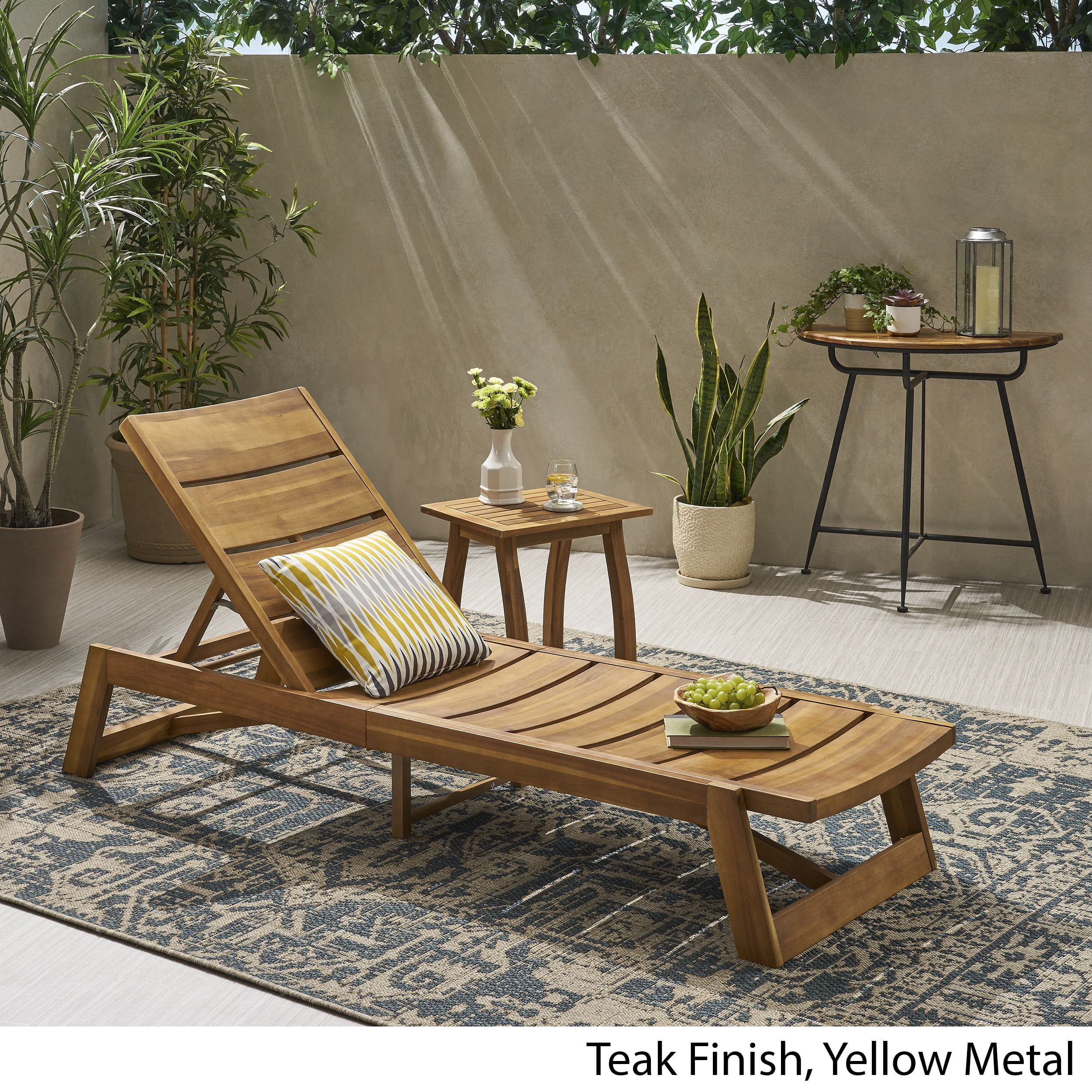 Ashayla Outdoor Acacia Wood Chaise 2 Piece Lounge, Teak, Yellow Metal