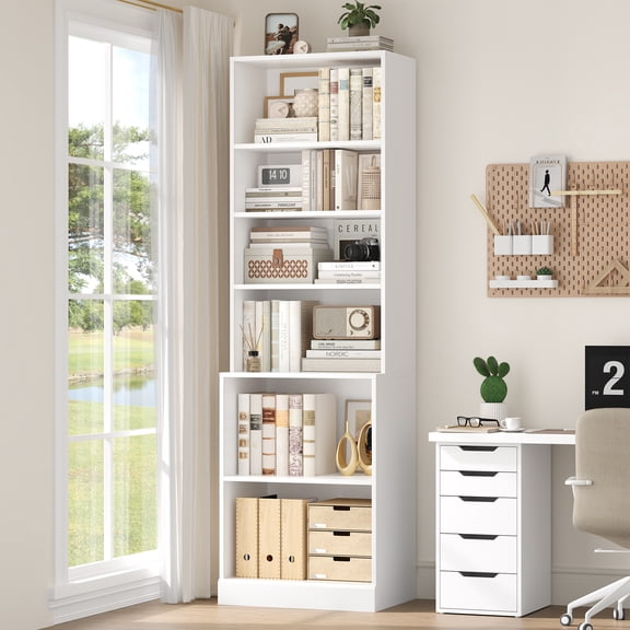 Hiphuta 73 in Tall 6-Tier Bookcase, 22" Wide Bookcase with Adjustable Shelf, Modern Minimalist Bookshelf for Home Office, Living Room, White