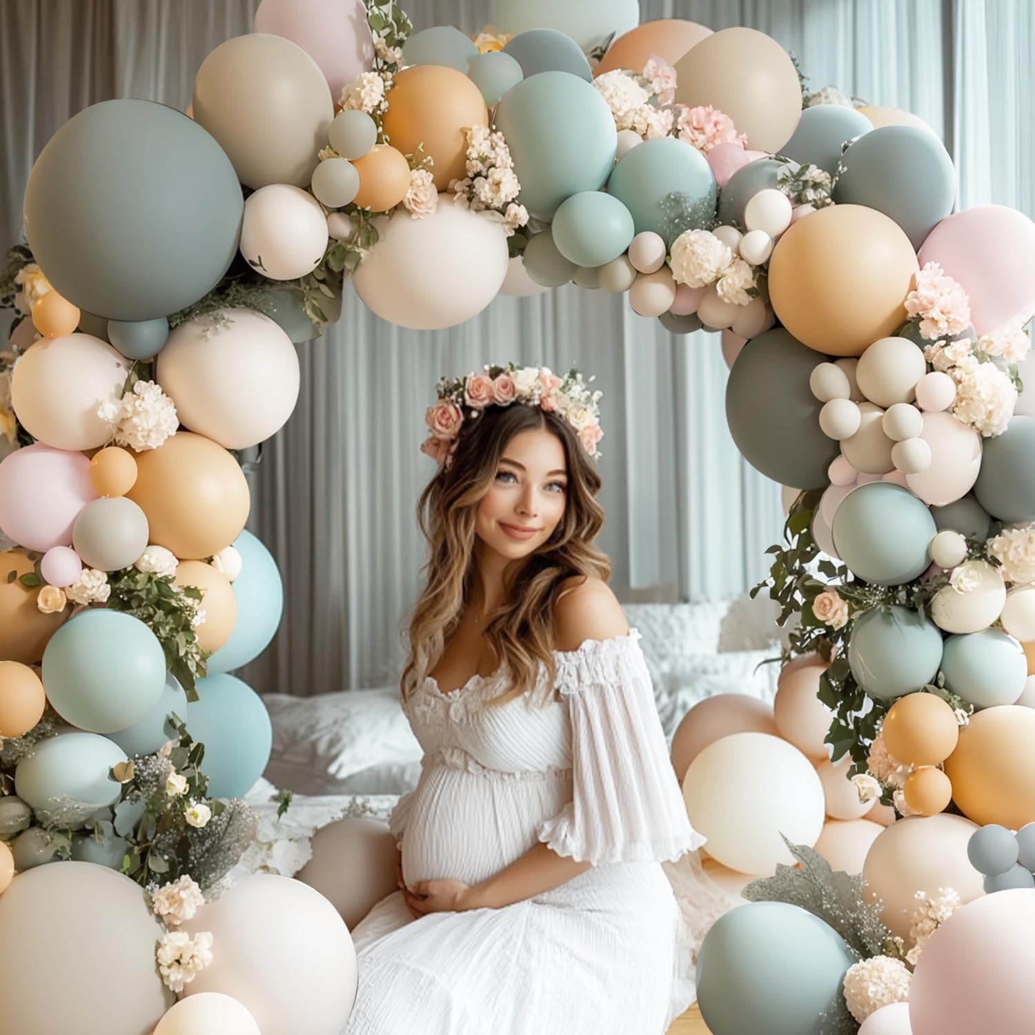 Dusty Green White Pink Balloons Arch Kit, Double Stuffed Pastel Balloon Arch Dark Light Green Pink Nude White Sand Brown Balloons for Gender Reveal Woodland Wedding Birthday Party Decoration