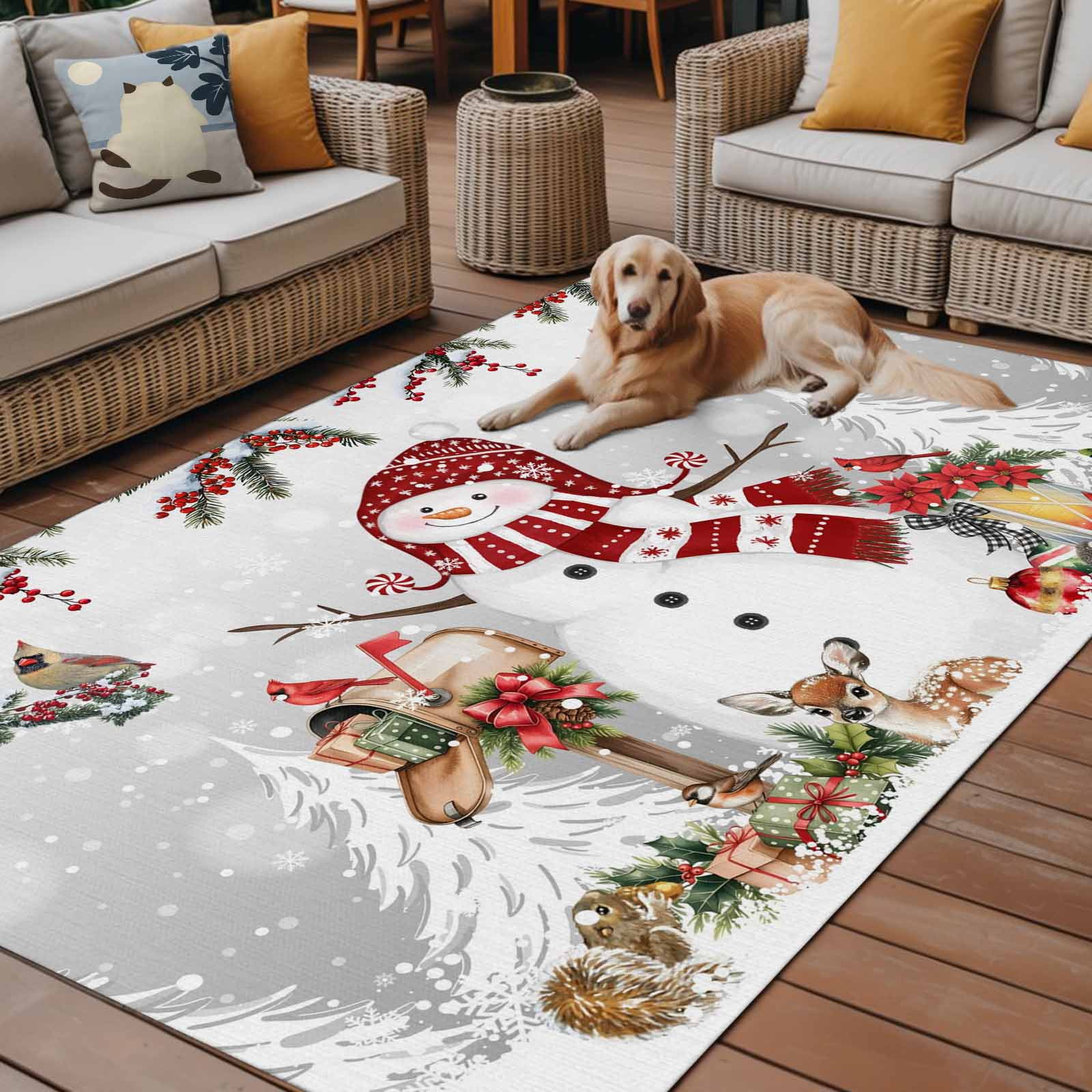 Fsddascl Grey Christmas Outdoor Rug for Patio/Deck/Porch, Non-Slip Large Area Rug 5 x 8 Ft, Xmas Snowman Tree Snowflake Birds Indoor Outdoor Rugs Washable Area Rugs, Camping Rug Carpet Runner