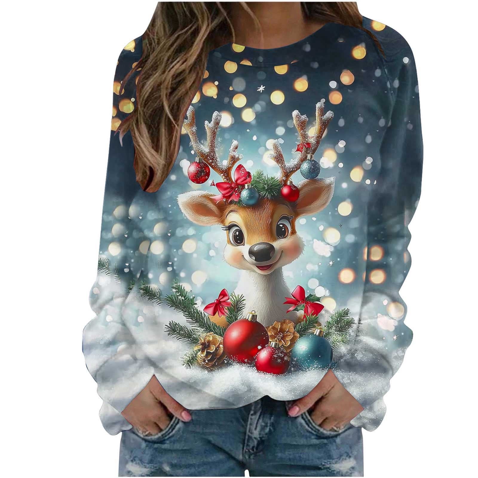 Womens Christmas Sweatshirts Long Sleeve Xmas Printed Round Neck Pullover Blouse Loose Casual Oversized Fashion Vacation Gift Tops Mint Green M