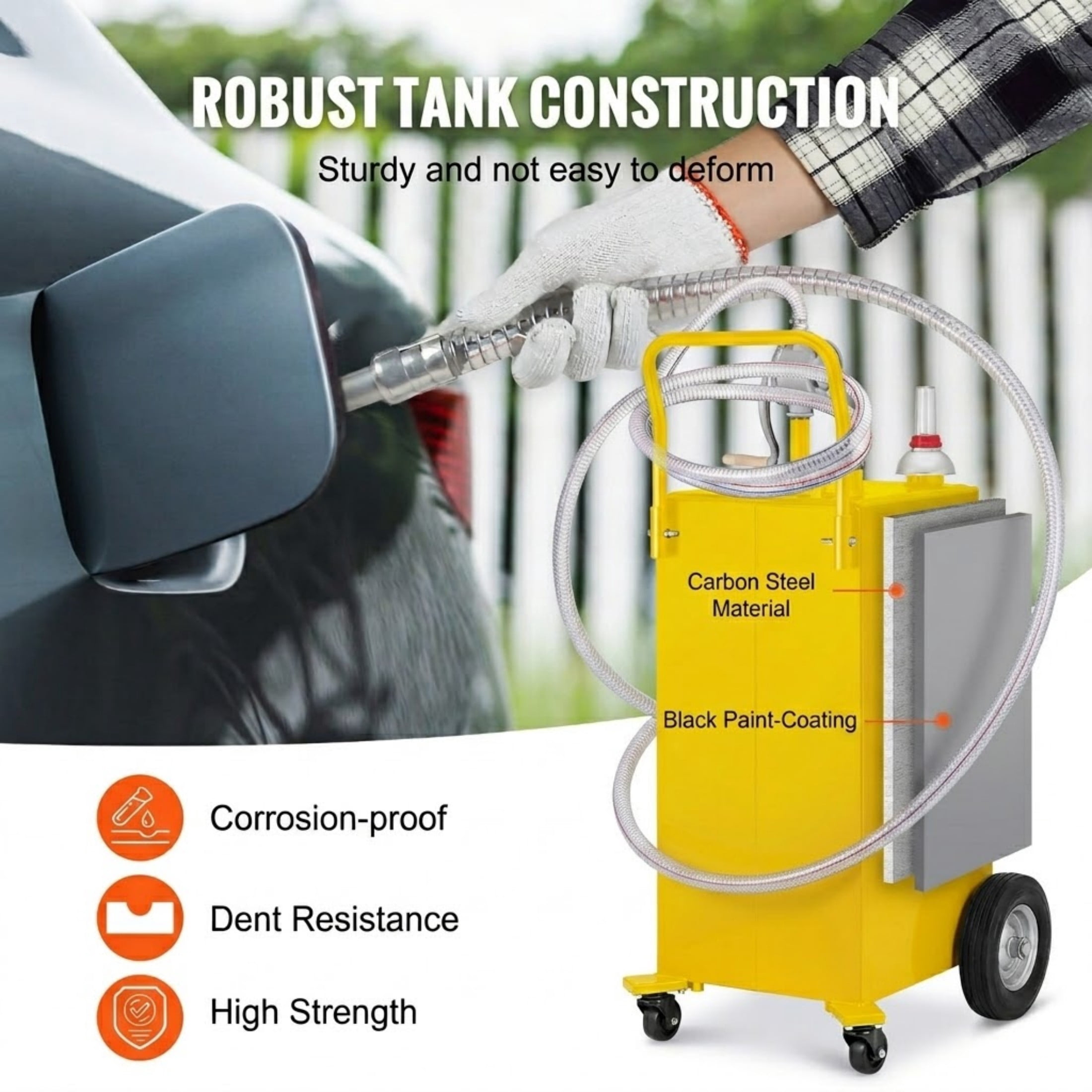 35 Gallon Fuel Caddy, Portable Gas Storage Tank on 4 Wheels with Manual Transfer Pump, Yellow Gasoline & Diesel Container