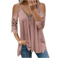 thumbnail image 2 of Fiudx Ropa de Mujer Mujer Casual Tallas Grandesencaje Media Mangaｖ-Cuello Cremallera Ahueca Hacia Fuera Camiseta Blusa Tops, 2 of 7