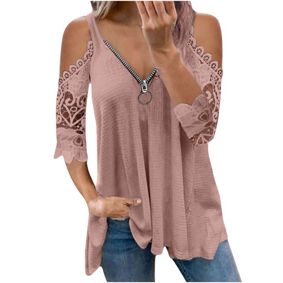 asdoklhq Juniors Plus Tops & T-Shirts,Women Casual Plus SizeLace Half Sleeveï¼¶-Neck Zipper Hollow Out T-Shirt Blouse Tops