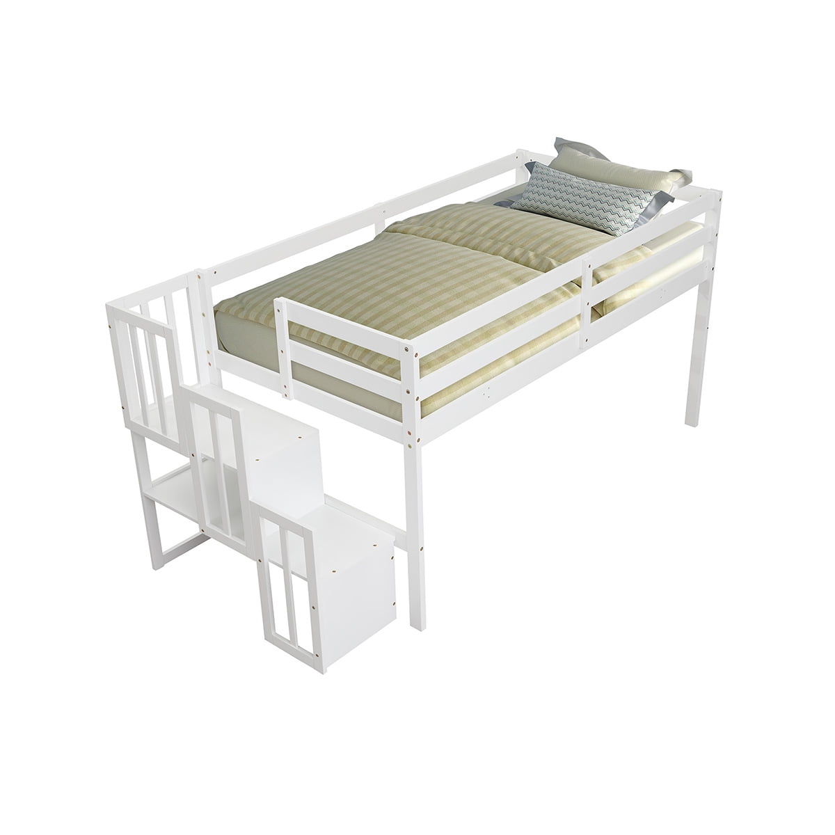 Private Jungle Loft Bed with Staircase, Storage, Full-length Safety Guardrails, No Box Spring Needed, White Private Jungle Loft Bed with Staircase, Storage, Full-length Safety Guardrails, No Box Spring Needed, White