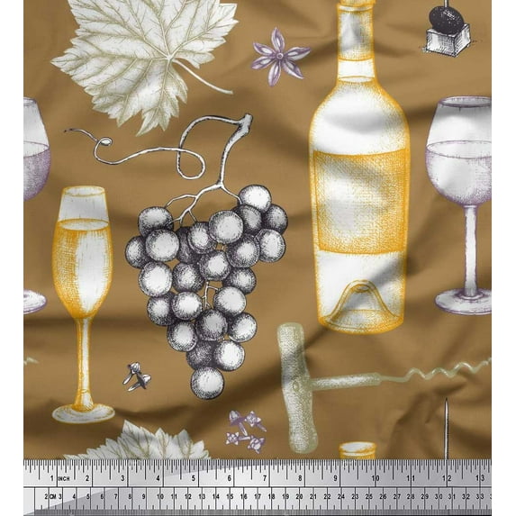 Soimoi Modal Satin Fabric Grapes,Wine Glass & Bottle Print Sewing Fabric Yard 42 Inch Wide