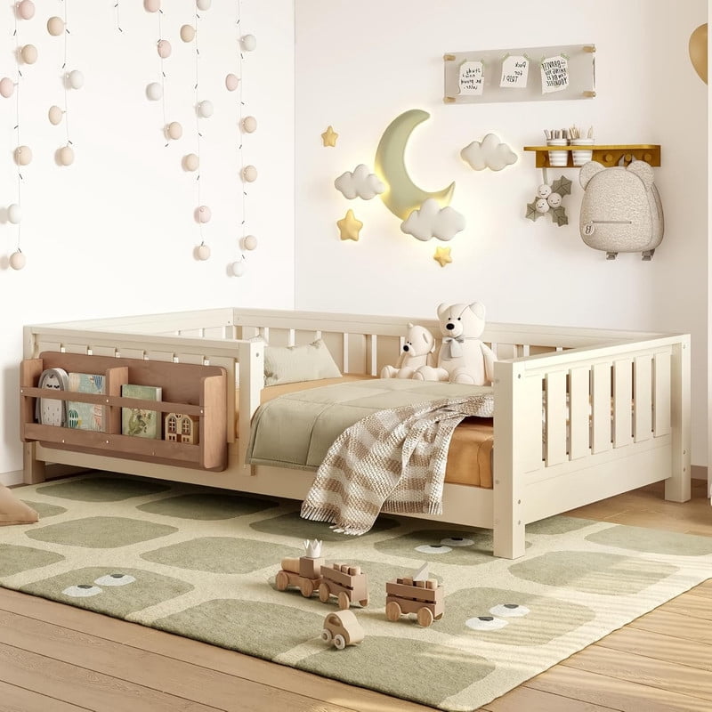 Bellemave Twin Size Floor Bed with Bookshelf, Wood Montessori Beds with Slats and Safety Guardrail, Low Profile Twin Bed Frame with Fence, No Box Spring Needed (Beige)
