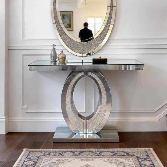 YWEN 39.37" Silver Mirrored Console Table, Rectangle Sofa Table with Sparkling Crystal Olive Shaped Base, Modern Luxury Mirrored Furniture with Diamond Glass Effects for Entryway Hallway Entrance