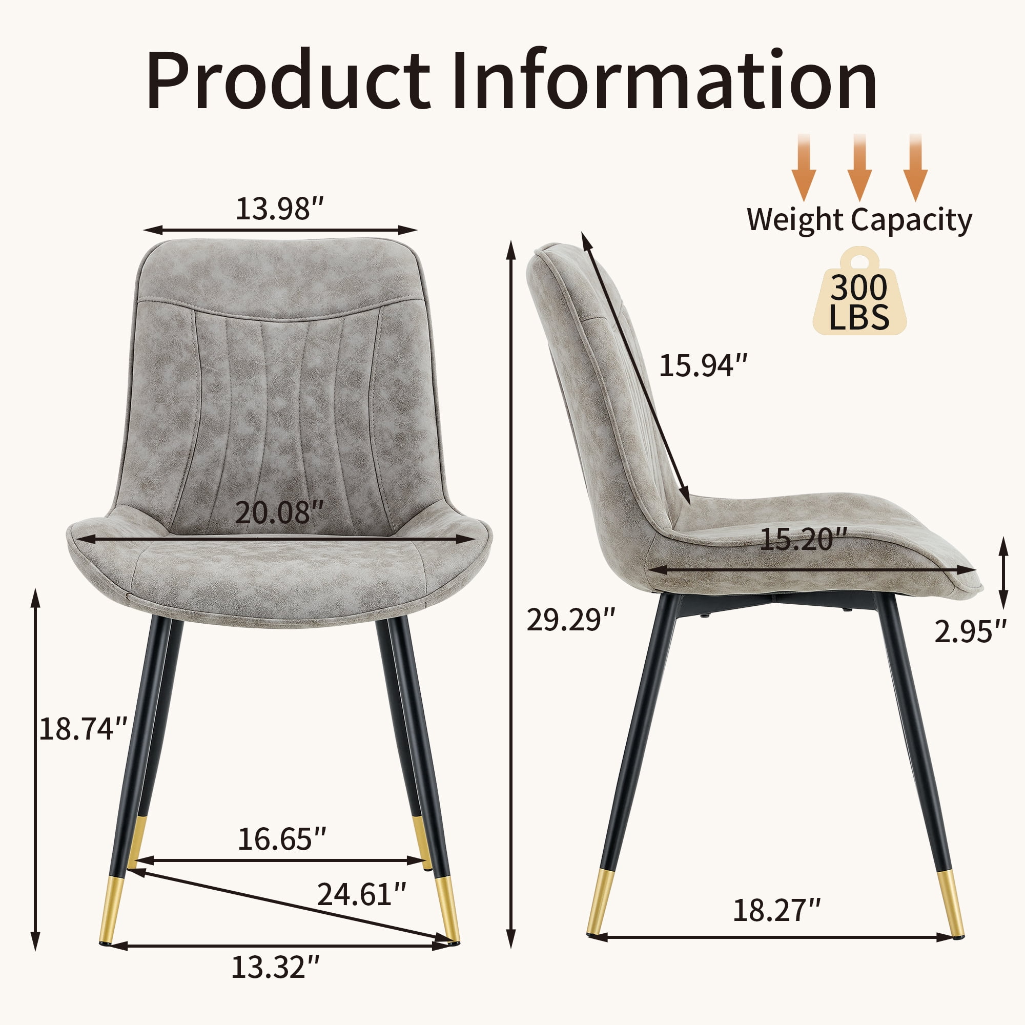 Leumius Dining Chairs Set of 2, Tech Fabric Upholstered Dining Chairs with Semi-Gloss Black Metal Legs, Gold-Trimmed Adjustable Non-Slip Feet, Vertical-Stitched High Back for Dining Room Gray