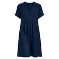 thumbnail image 6 of AKOEE Women's Summer Dress Cotton Linen Pleated V Neck Boho Beach Knee Length Short Dress with Pockets (L, Navy), 6 of 8