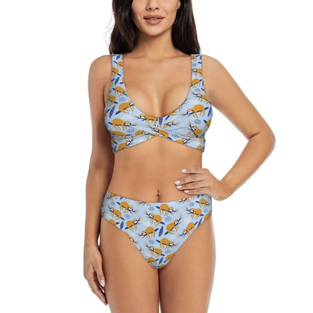 Zeuib Cute Sloth High Waisted Tummy Control Bikini Set - Knot Front Push Up Top & Cheeky Thong Bottom  Two-Piece Swimsuit for Women-X-Large