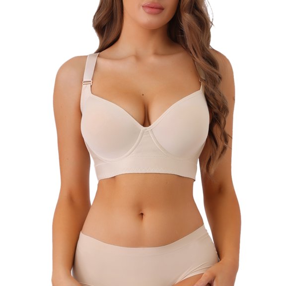 INSPIRE CHIC Women's Deep V-Neck Adjustable Straps Underwire Bra Push-Up Plus Size Underwear 36B Beige