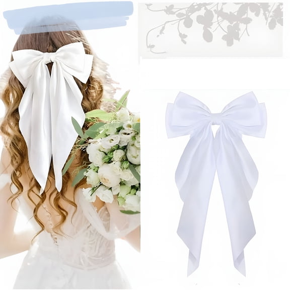 VANIDO Hair Bows For Women Bride Wedding White Silk Ribbon Oversized Bow Hair Clips With Long Tails Vintage Hair Accessories For Girls Bridal