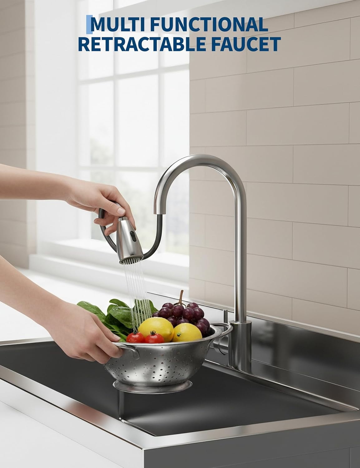 QinaQin Stainless Steel Utility Sink,Commercial Free Standing Kitchen Sink with Hot/Cold Water Pipes,Heavy-Duty Single Bowl,Stainless Steel