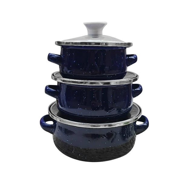 Juego de 3 ollas esmaltadas para cocinar, multifuncionales, con doble asa. azul oscuro