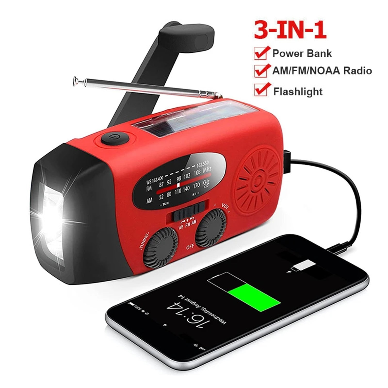 Multifunctional AM/FM/NOAA Portable Weather Radio Emergency Hand Crank Radio Power Bank Solar Charging with LED Flashlight ,Portable