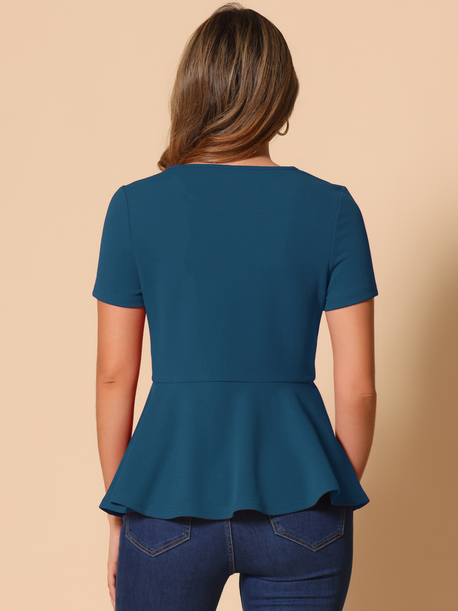 DARING DIVA Women's Peplum Tops Short Sleeve Crew Neck Blouse S Peacock Blue