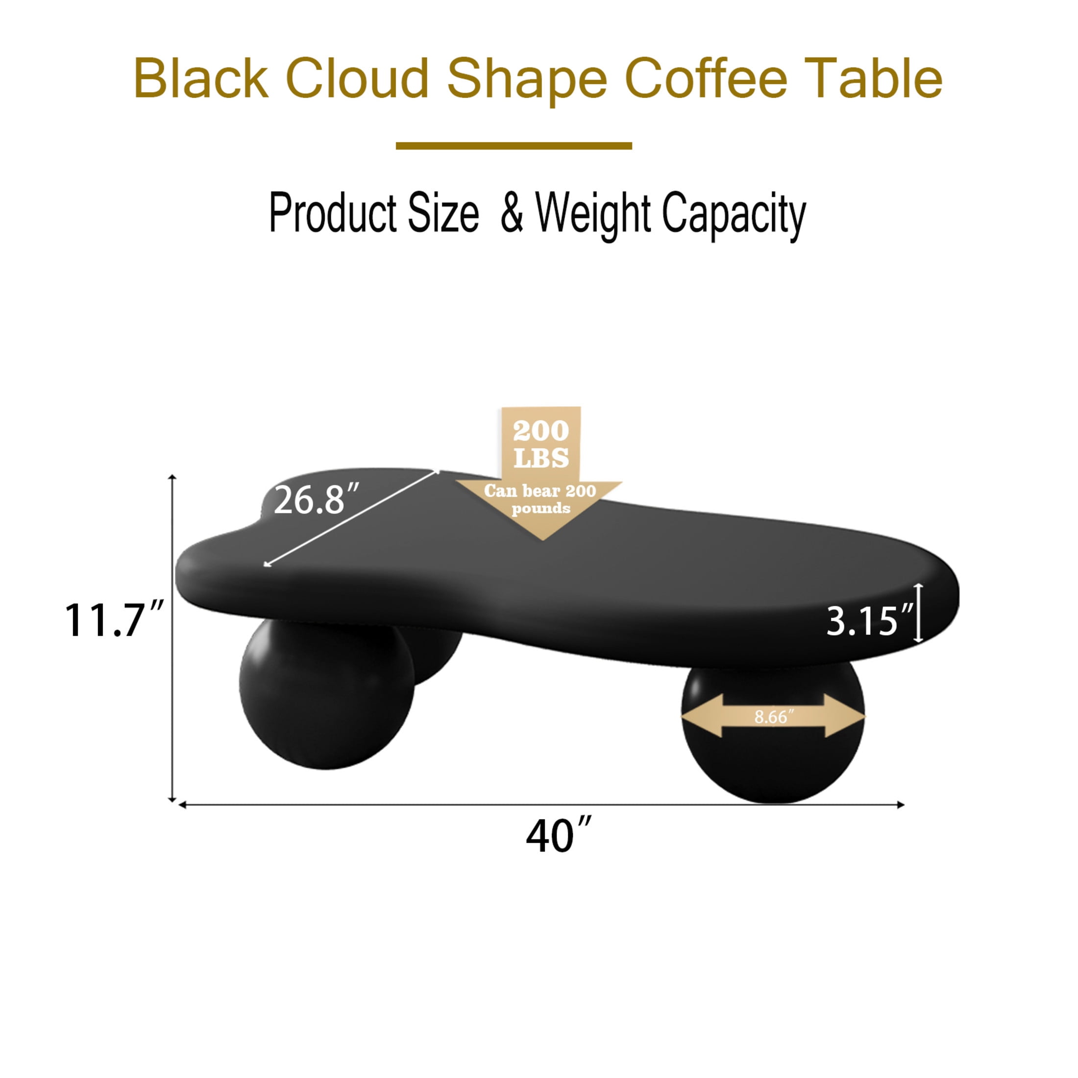Noble House 40" Cloud Shaped Coffee Table with Ball Legs, Modern Aesthetic Accent Table for Living Room, Black