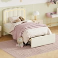 thumbnail image 6 of Amolife Twin Size LED Bed Frame with Drawer, Velvet Upholstered Platform Bed Frame with Adjustable Wavy Headboard , Cream, 6 of 11