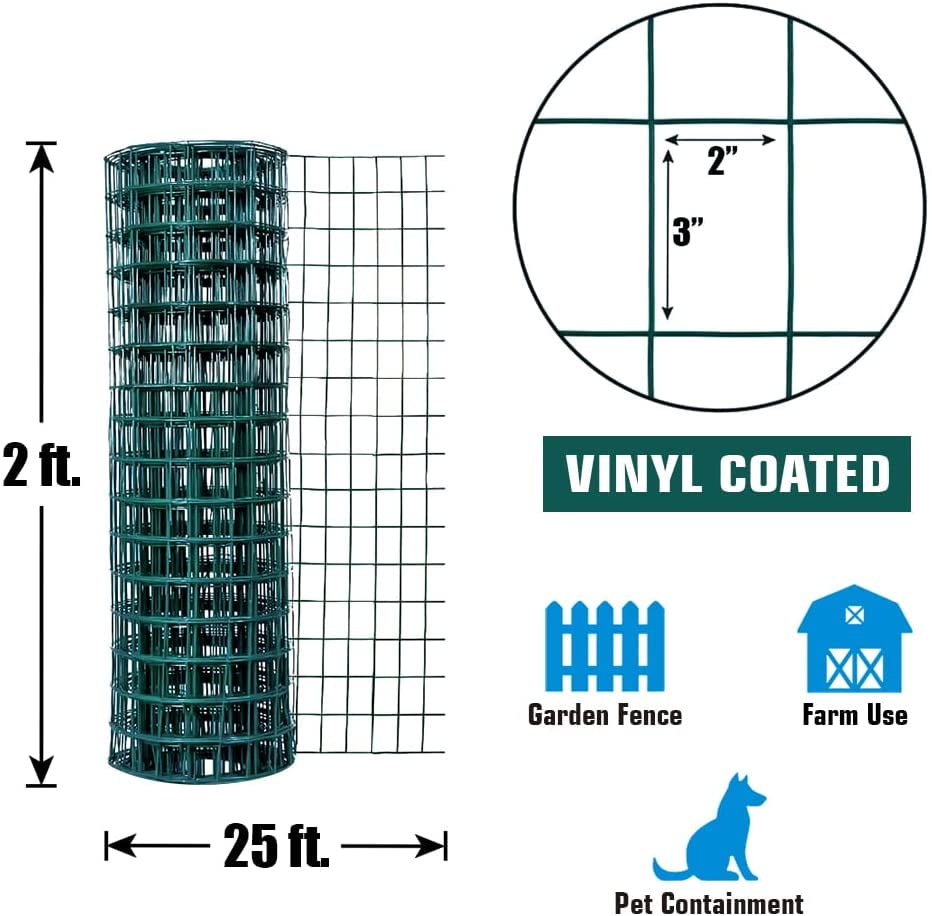 Fencer Wire Vinyl Coated 16 Gauge Welded Fence Wire Roll, Mesh Size 2-Inch x 3-Inch, Green Metal Garden Fencing Wire Grid Hardware Cloth, Multiple Use for Home Improvement