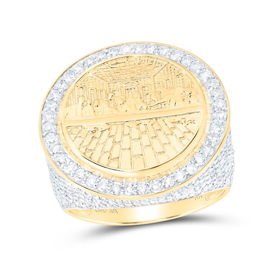 10K Yellow Gold Mens Round Diamond Last Supper Circle Ring 2-3/8 Cttw, Mens Size: 7-13