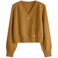 thumbnail image 3 of Women's Solid Color V-neck Breasted Short Loose Cardigan Sweater Jacket for Fall Winter Lightweight Outerwear,Brown,One Size, 3 of 5