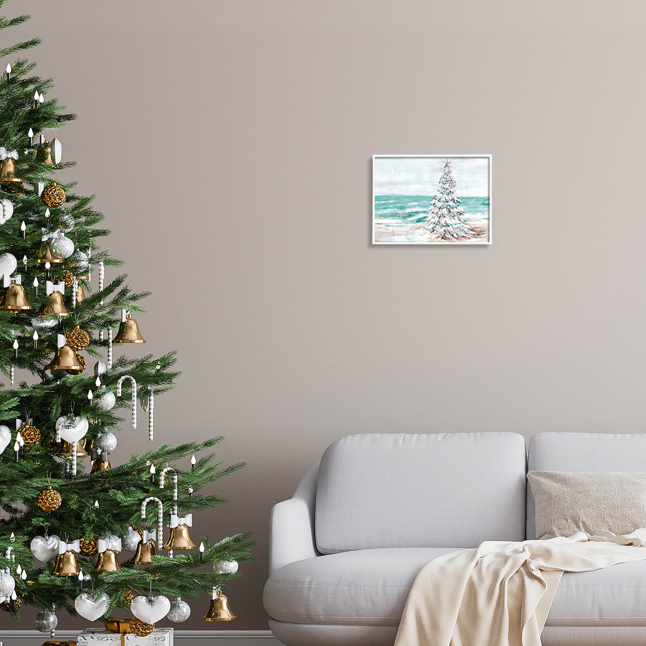 Snowy Christmas Tree Beach Shore Holiday Painting White Framed Art Print Wall Art