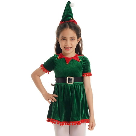 

Votuleazi Adorable Christmas Costume for Girls with Short Sleeves Dress and Santa Hat