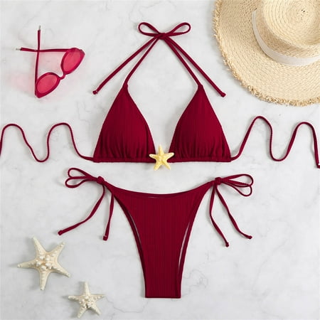 Tankini Set  Sexy Strappy Bikini Swimsuit Bikini Decorated Split Swimsuit Red Women Blending Bikinis L