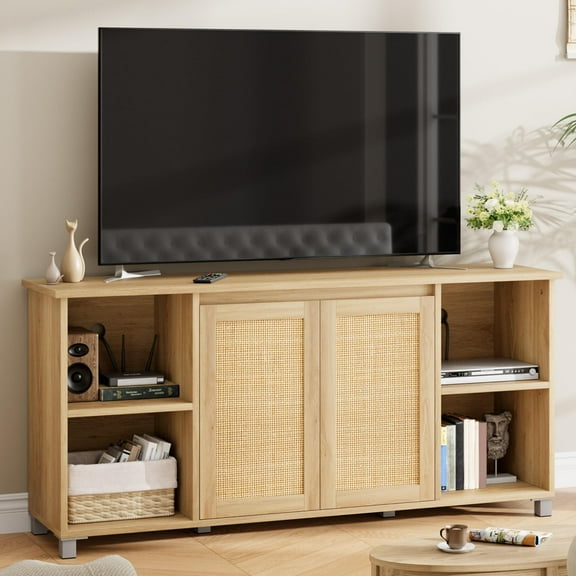 Emorefun Boho TV Stand for up to 70 Inch TVs, Media Console with Rattan Doors & Open Shelves for Living Room, Natural