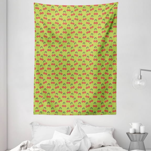 Garden Art Tapestry, Repeating Twin Cherries Spring and Summer Pop Art Delicious Fruit, Wall Hanging for Bedroom Living Room Dorm Decor, 60W X 80L Inches, Apple Green and Dark Pink, by Ambesonne