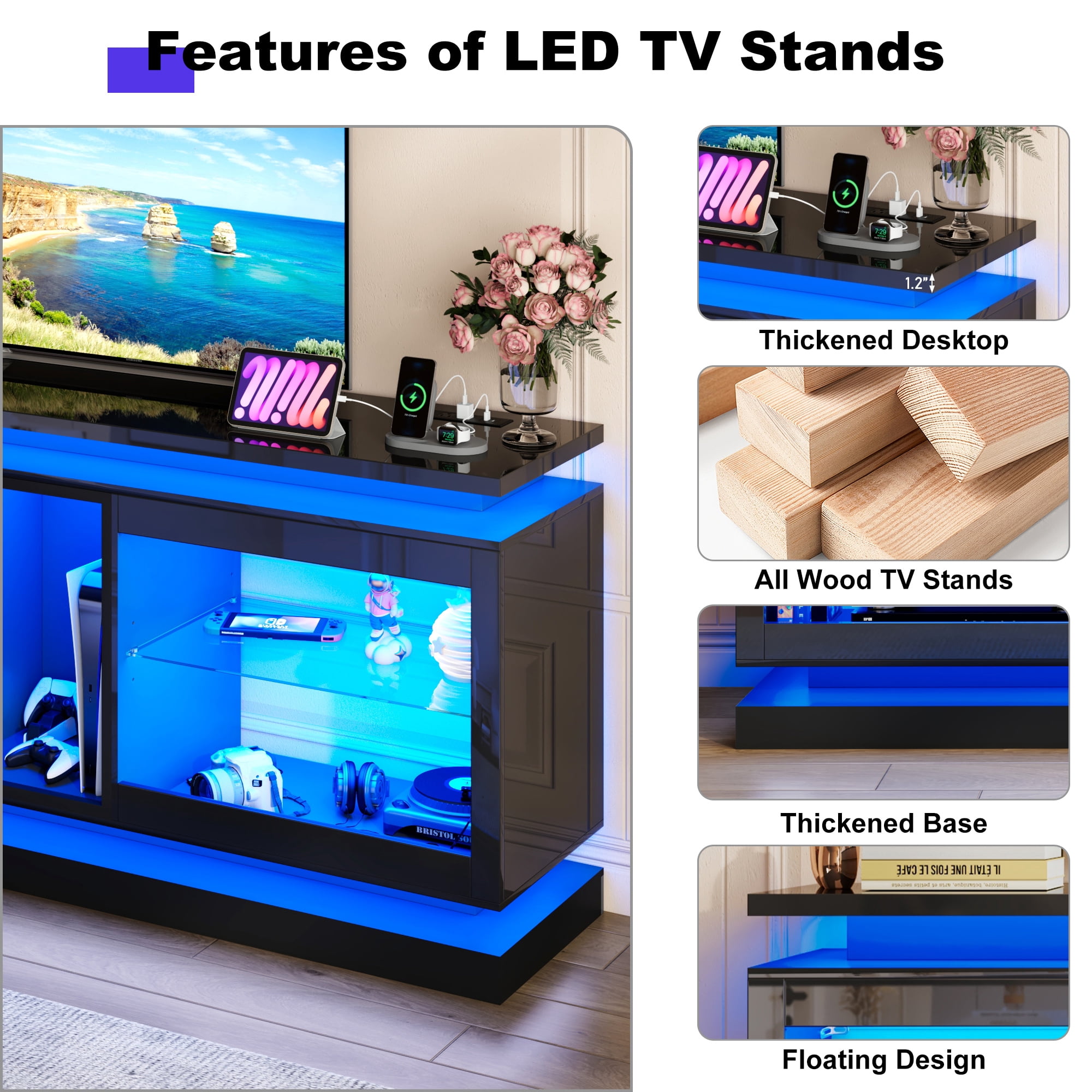 ChVans LED TV Stand for 70/75/80 Inch TVs, Modern Entertainment Center High Gloss Large TV Stand with Adjustable Shelves, Gaming TV Console with Power Outlets, Black