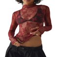 thumbnail image 1 of Women‘s Long Sleeve Lace Shirts with Mesh See-Through and Mock Neck, 1 of 5