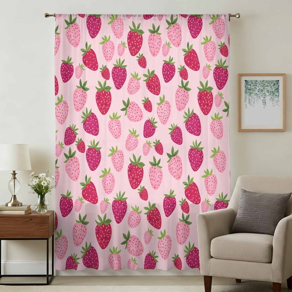 Red Pink Strawberry Sheer Curtains 54 Inches Long, Pink Lovely Summer Spring Fruit Light Filering Curtains, Breathable Simi Curtain Privacy Drapes for Kitchen Bathroom Small Window Treatment